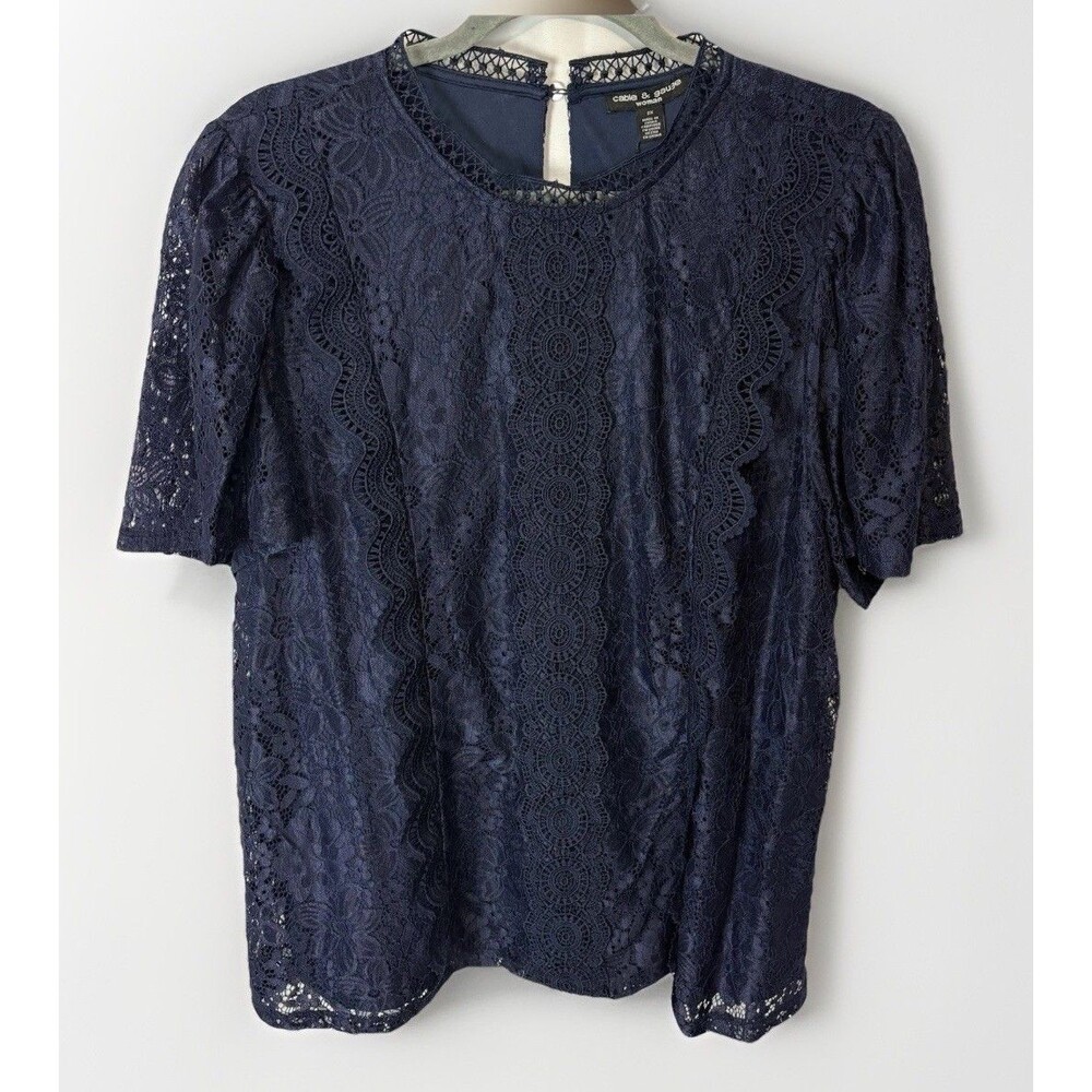 NWT Cable & Gauge 2X Top Blouse High Neck Lace Navy Blue Work Office Party